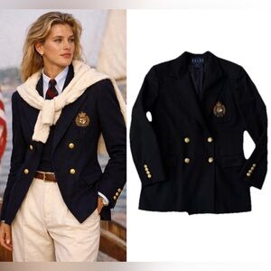 Vintage Ralph Lauren Polo Crest Blazer Double Breasted Wool Navy Jacket 90s 8